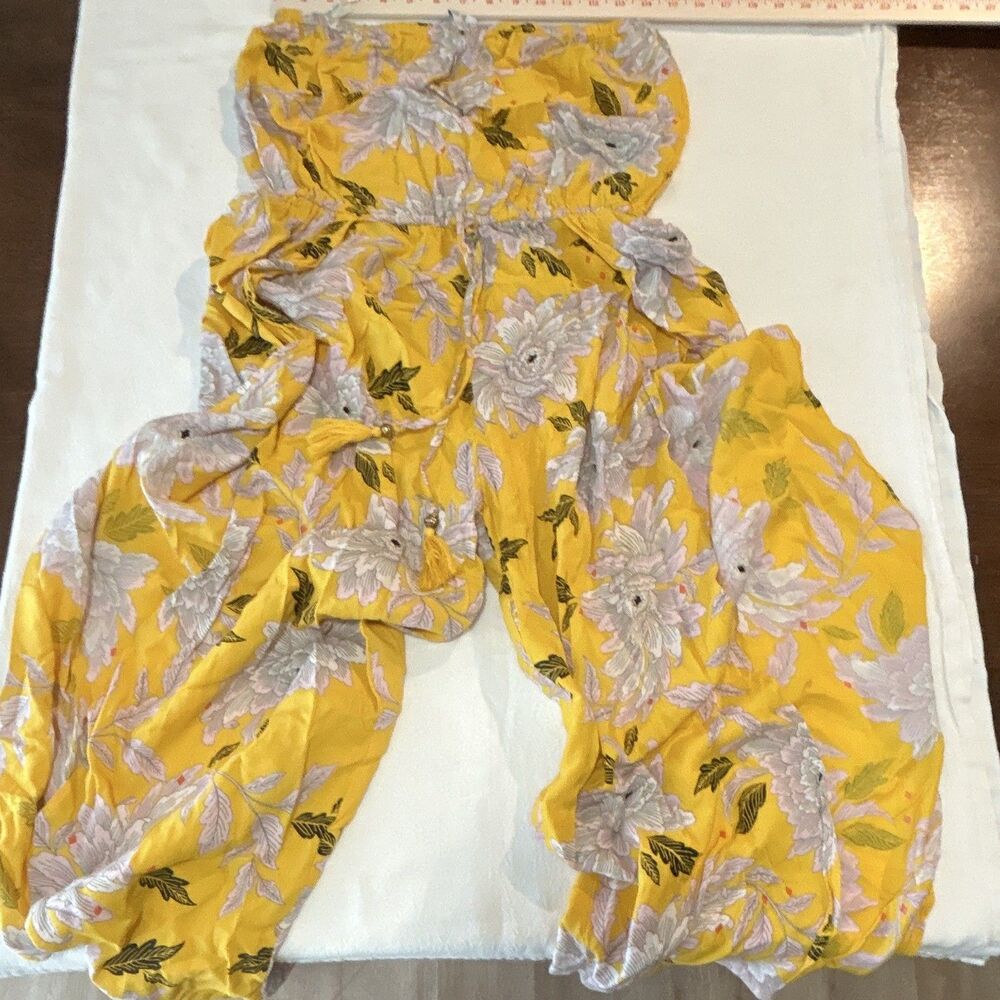 Blue Island Women's M Yellow Floral Strapless Harem Rayon Jumpsuit 0212